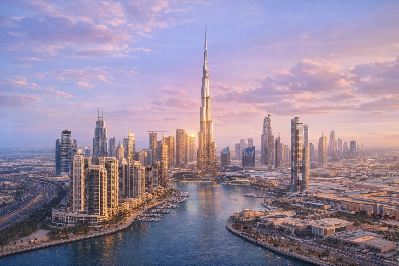 Dubai skyline at sunset